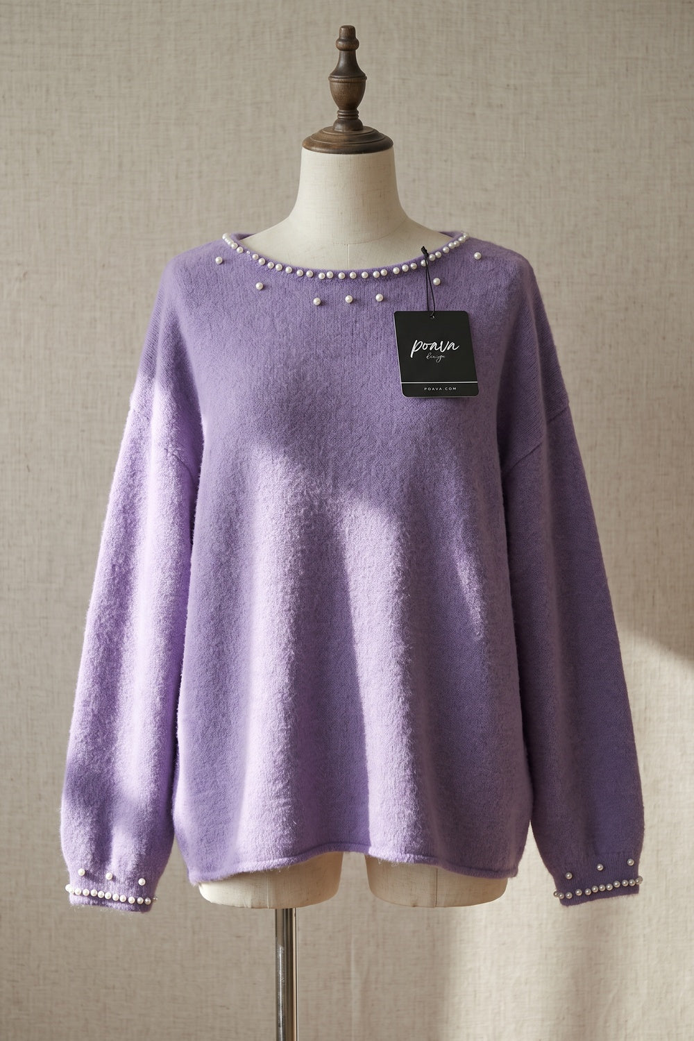 Lavender Purple Brushed Knit Pearl Embellished Sweater lavender purple brushed knit sweater - product view 2