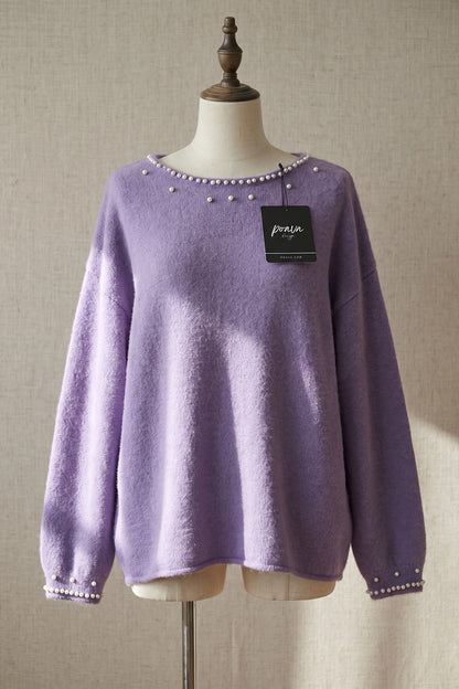 Lavender Purple Brushed Knit Pearl Embellished Sweater lavender purple brushed knit sweater - product view 2