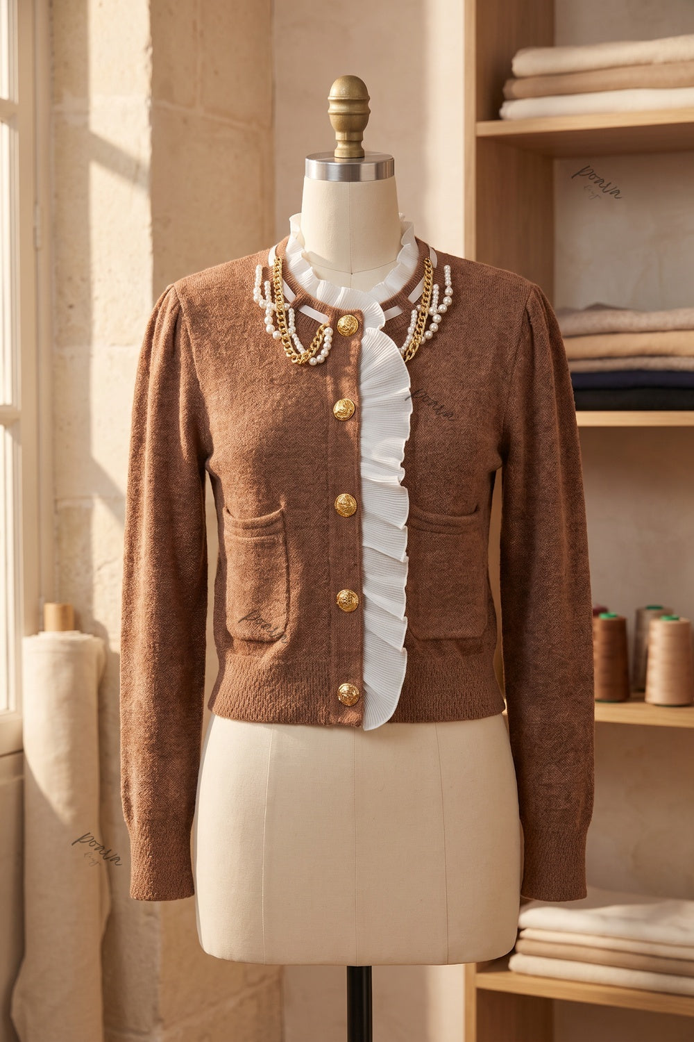 caramel brown textured wool-blend knit fitted, cropped cardigan caramel brown textured wool-blend knit cardigan - product view 2