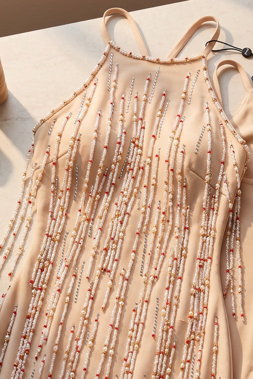 Beige Stretch Crepe Bodycon Mini Dress with Beaded Fringe beige stretch crepe dress - product view 2