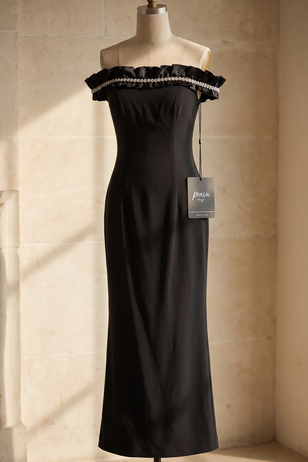 Black Structured Crepe Column Evening Gown with Crystal Ruffle Trim black structured crepe evening gown - product view 2