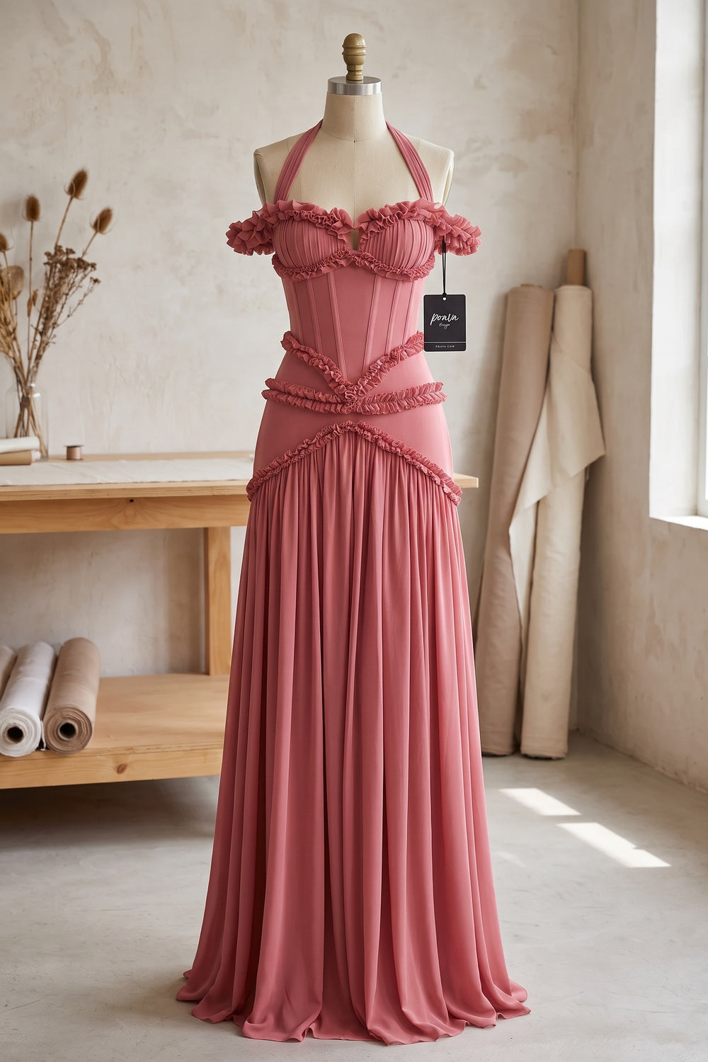 Dusty Rose Fitted Corset Gown with Tiered Ruffles and Halter Neck dusty rose lightweight crepe or georgette gown - product view 2