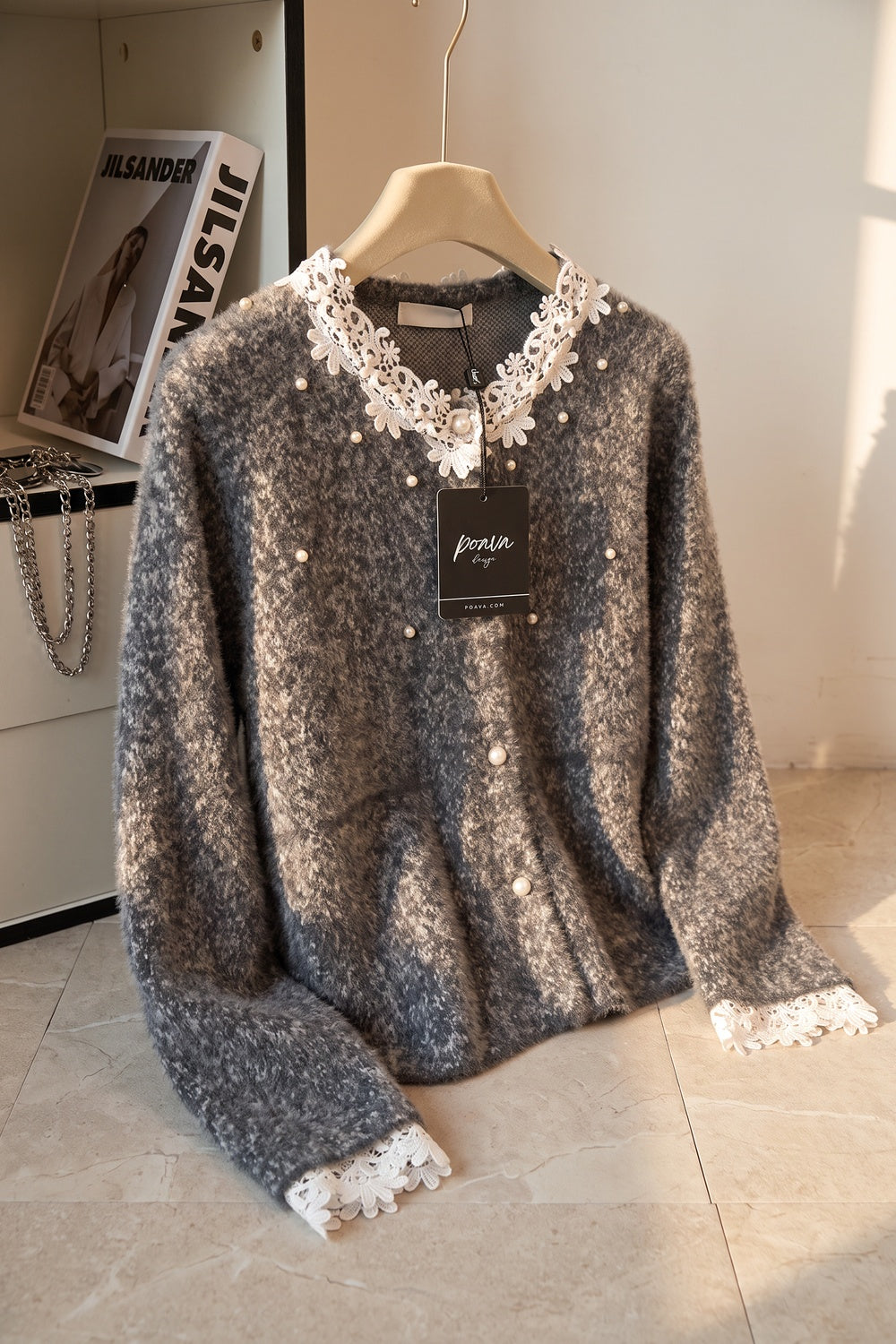 Grey Fuzzy Marled Knit Boxy, Slightly Cropped Cardigan grey, white fuzzy marled knit cardigan - product view 2
