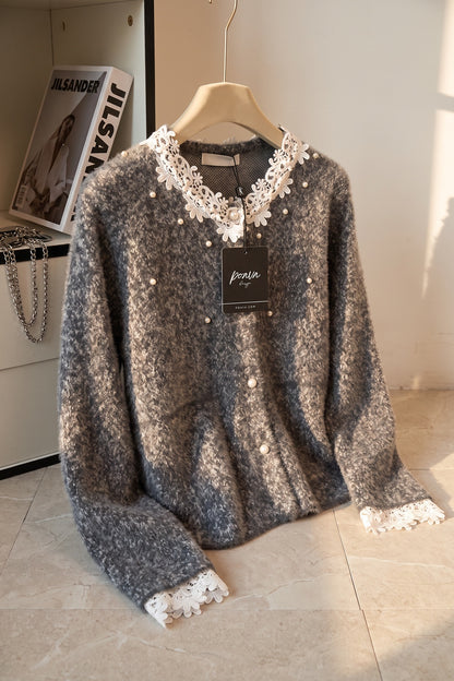 Grey Fuzzy Marled Knit Boxy, Slightly Cropped Cardigan grey, white fuzzy marled knit cardigan - product view 2