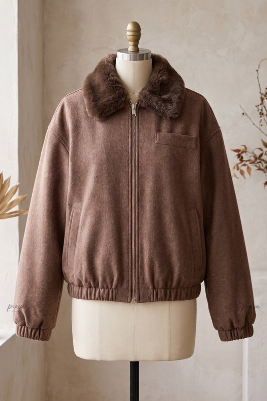 Medium Brown Boxy Bomber Jacket with Faux Fur Collar medium brown brushed woven fabric bomber jacket - product view 2