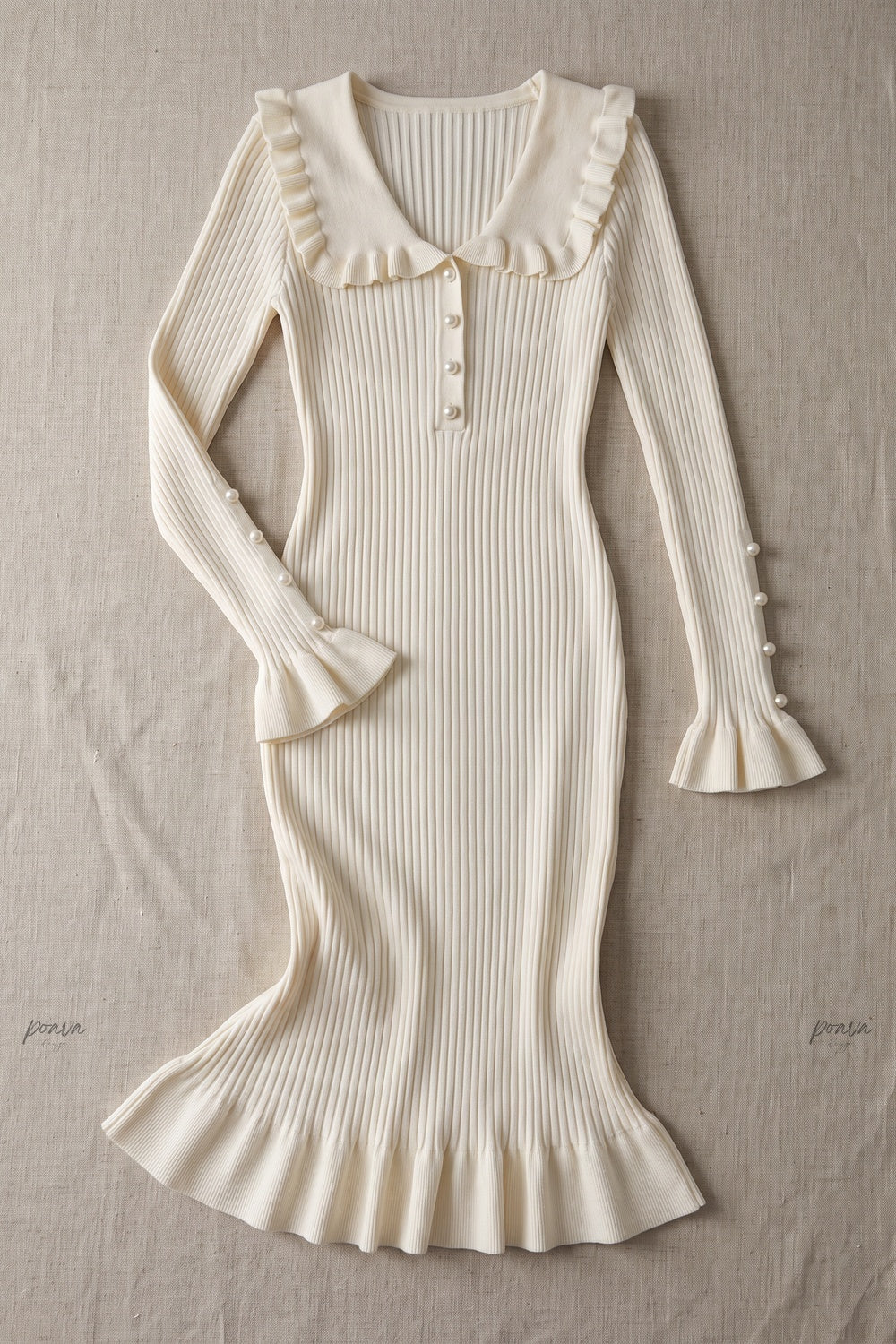 Cream Ribbed Knit Fitted Sheath Midi Dress with Ruffle Trim cream, off-white ribbed knit midi dress - product view 2