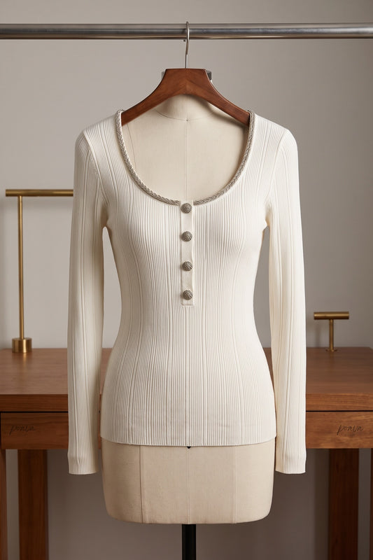 Ivory Ribbed Knit Top with Metallic Beaded Scoop Neckline ivory, off-white ribbed knit knit top - product view 2