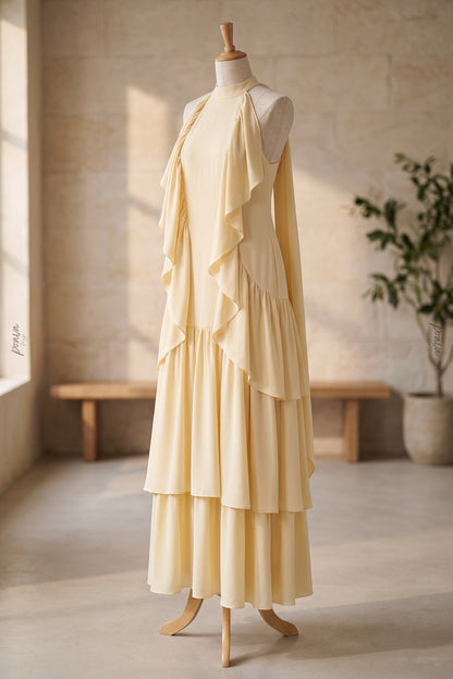Pale Yellow Tiered A-Line Maxi Dress with Cascading Ruffles pale yellow lightweight crepe or georgette maxi dress - product view 2