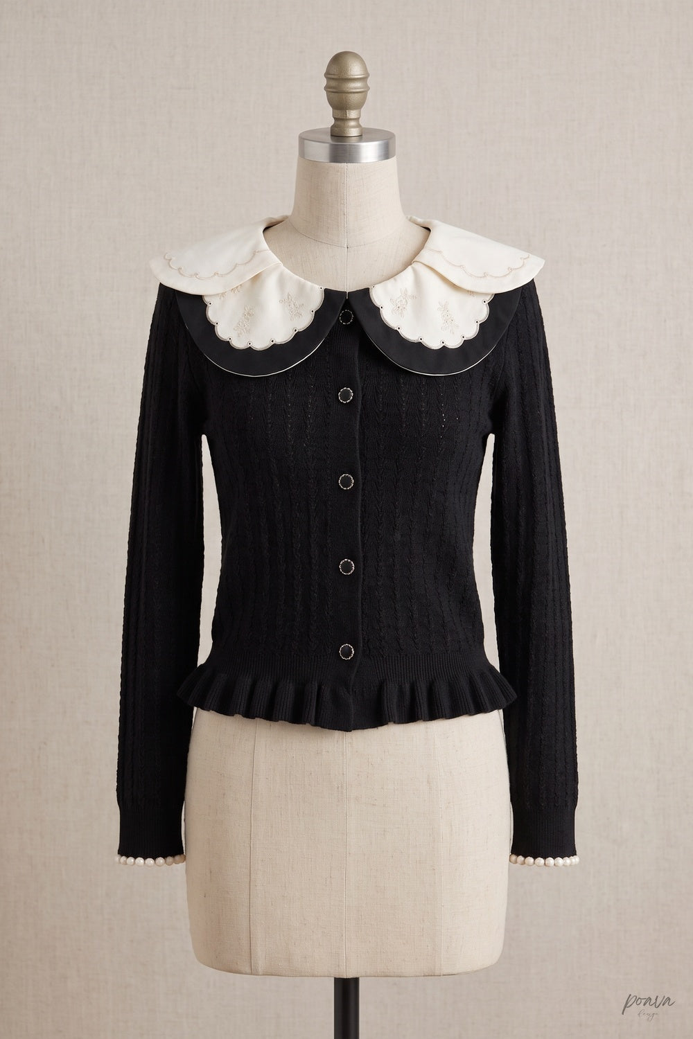 Black Peplum Cardigan with White Scalloped Collar Black Fine knit blend Cardigan - product view 2