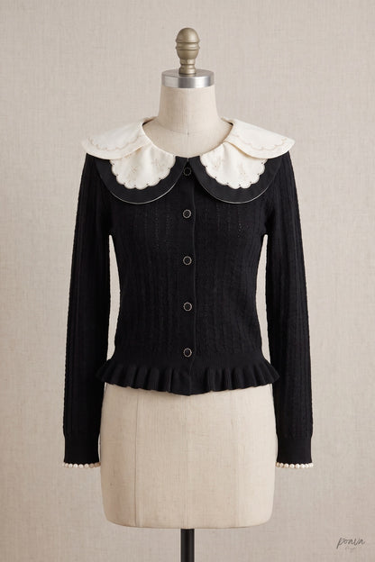 Black Peplum Cardigan with White Scalloped Collar Black Fine knit blend Cardigan - product view 2