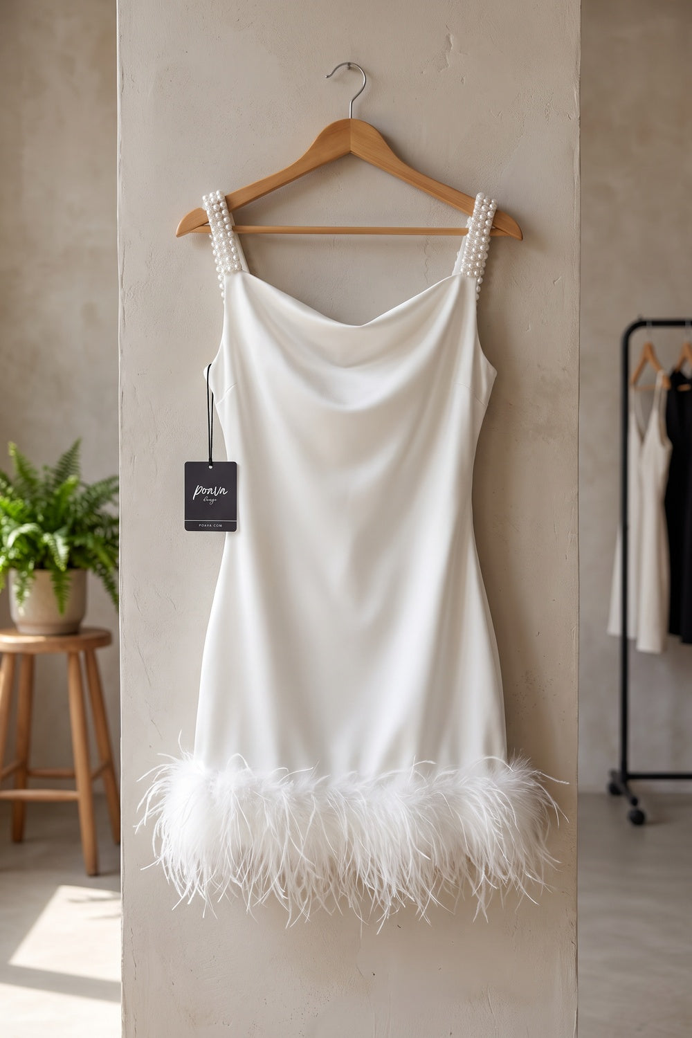 White Satin Sheath Dress with Feather Trim white satin dress - product view 2