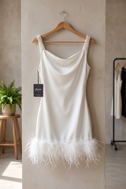 White Satin Sheath Dress with Feather Trim white satin dress - product view 2