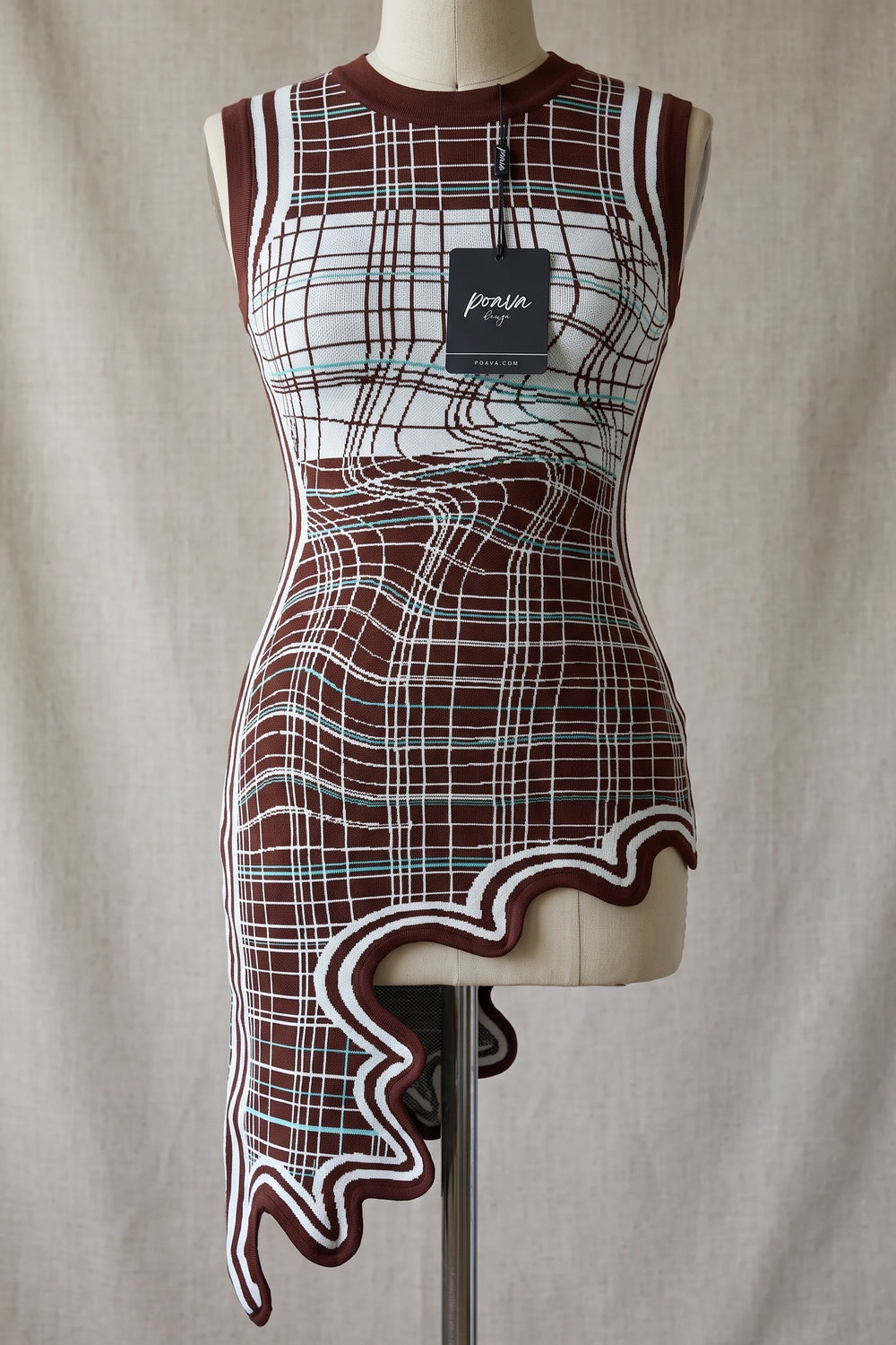 Chocolate Brown Jacquard Knit Bodycon Dress with Asymmetrical Hem chocolate brown, white jacquard knit dress - product view 2