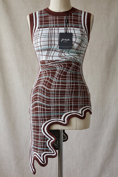 Chocolate Brown Jacquard Knit Bodycon Dress with Asymmetrical Hem chocolate brown, white jacquard knit dress - product view 2