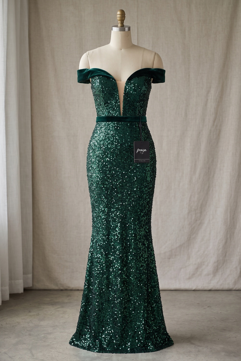 Emerald Green Sequin Mermaid Evening Gown with Off-the-Shoulder Velvet Bands emerald green sequined mesh evening gown - product view 2
