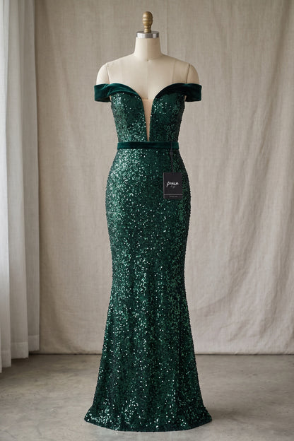 Emerald Green Sequin Mermaid Evening Gown with Off-the-Shoulder Velvet Bands emerald green sequined mesh evening gown - product view 2
