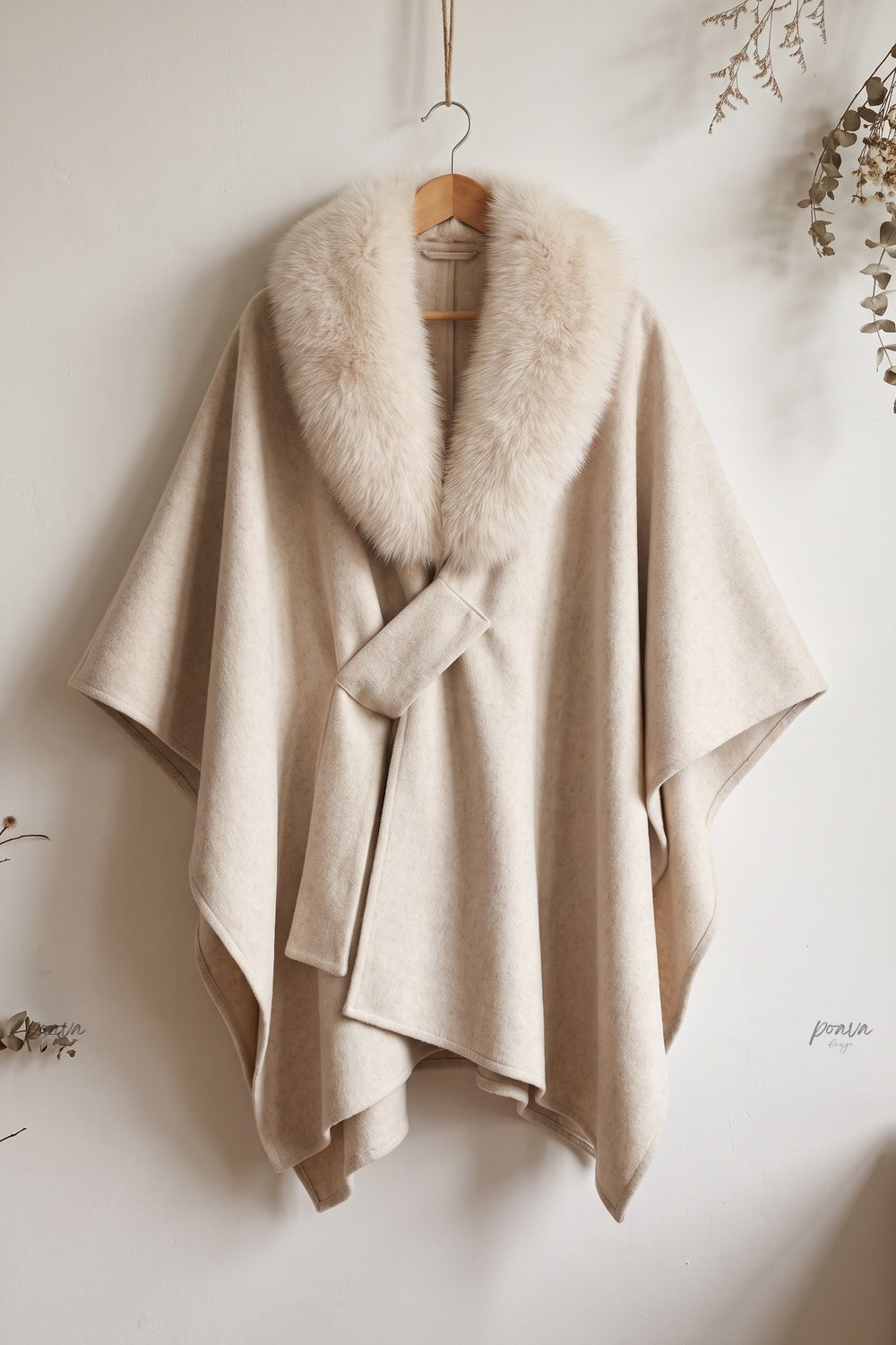 Cream Brushed Wool Blend Draped Wrap Cape Cream, Beige Brushed wool or cashmere blend Cape - product view 2