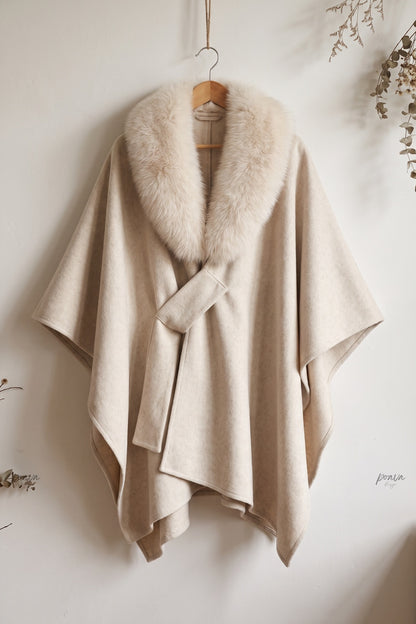 Cream Brushed Wool Blend Draped Wrap Cape Cream, Beige Brushed wool or cashmere blend Cape - product view 2