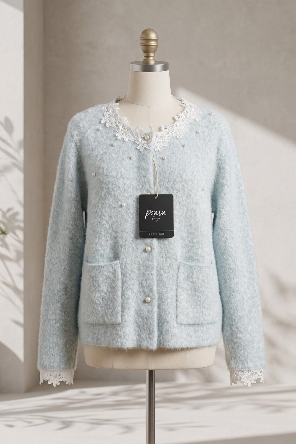 pale ice blue mohair-blend knit boxy, slightly cropped cardigan pale ice blue, light grey mohair-blend knit cardigan - product view 2