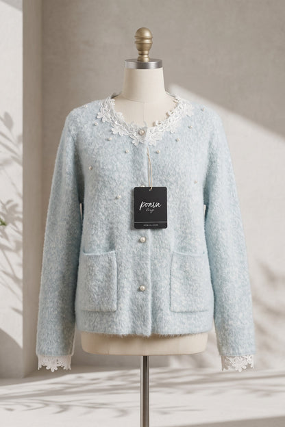 pale ice blue mohair-blend knit boxy, slightly cropped cardigan pale ice blue, light grey mohair-blend knit cardigan - product view 2