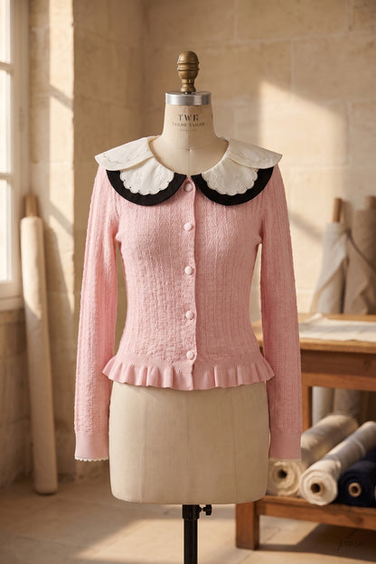 Light Pink Textured Knit Fitted Ruffled Hem Cardigan light pink textured knit cardigan - product view 2