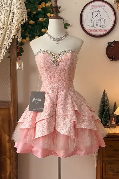 Light Pink Floral Lace Fit-and-Flare Mini Dress with Crystal Embellishments light pink floral lace dress - product view 2