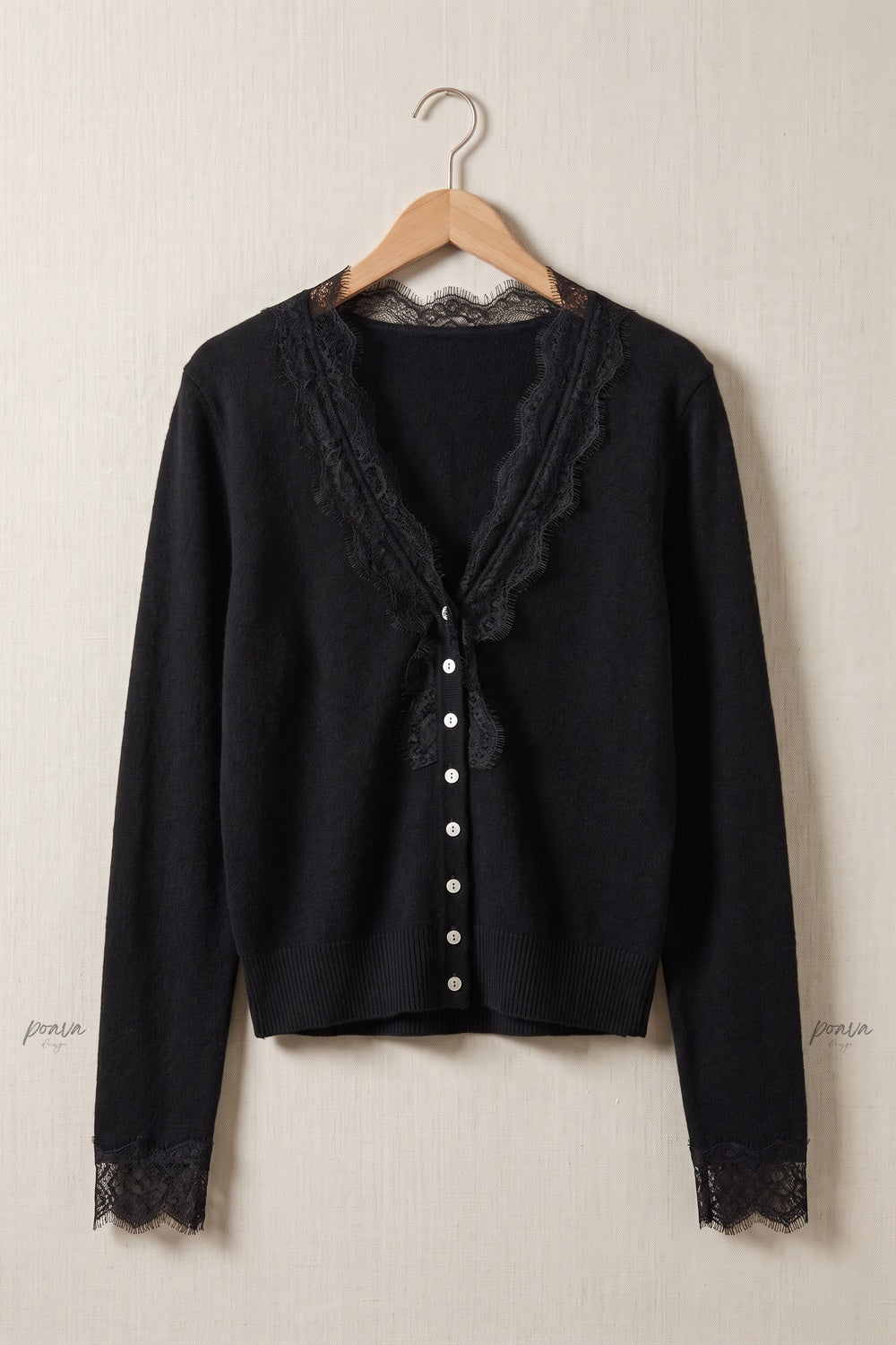 Black Fine Knit Fitted Cardigan with Lace Trim black fine knit cardigan - product view 2