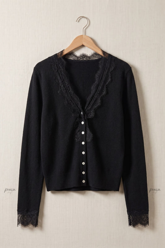 Black Fine Knit Fitted Cardigan with Lace Trim black fine knit cardigan - product view 2