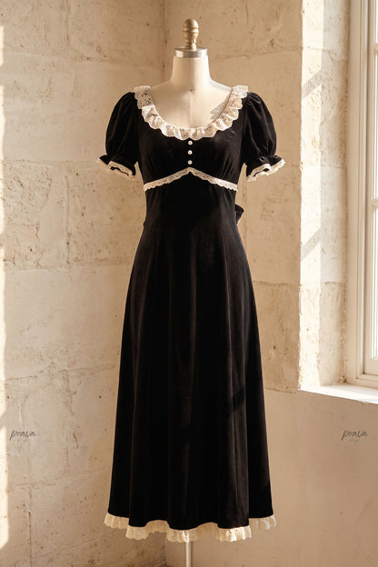 Black Velvet Empire-Waist A-Line Dress with Cream Lace Trim black velvet dress - product view 2