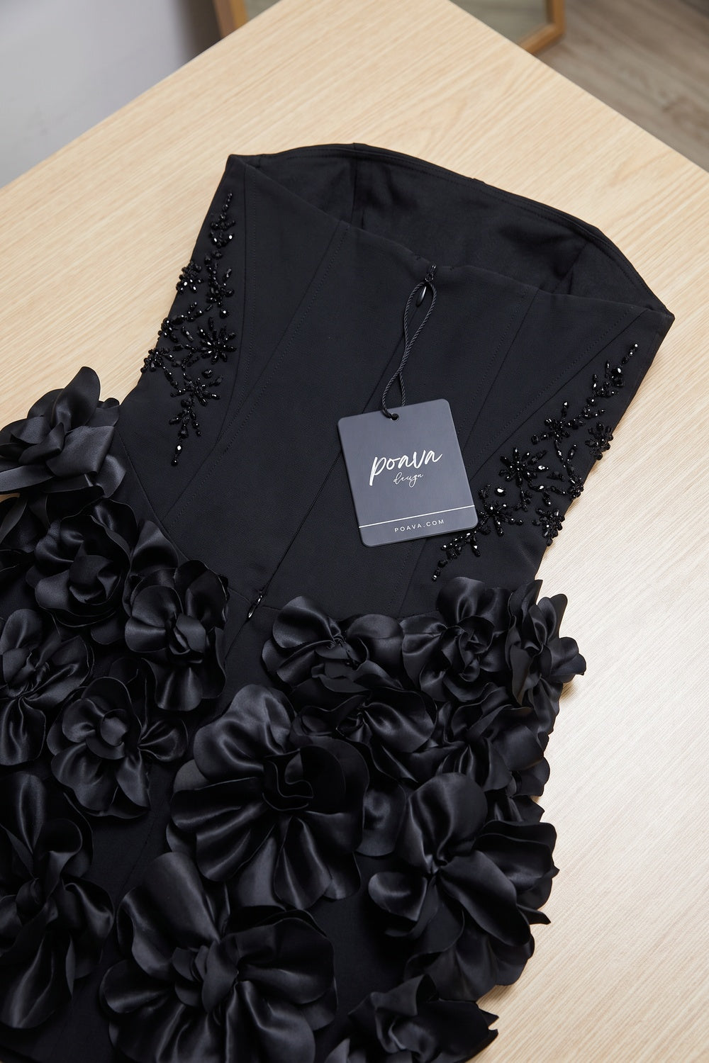 Black Structured Corset Mini Dress with 3D Floral Skirt black structured woven crepe dress - product view 2