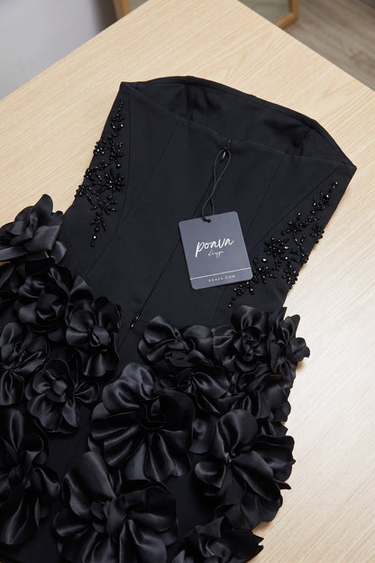 Black Structured Corset Mini Dress with 3D Floral Skirt black structured woven crepe dress - product view 2
