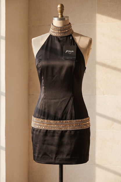 Black Satin Bodycon Dress with Crystal Embellishments black satin dress - product view 2