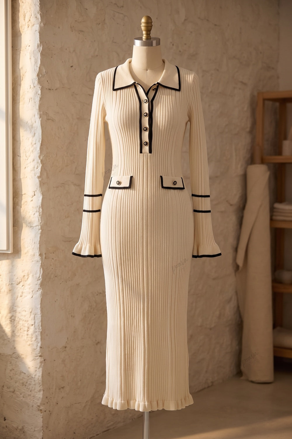 Cream Ribbed Knit Column Dress with Black Contrast Trim cream ribbed knit dress - product view 2
