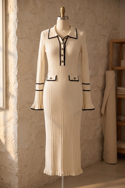 Cream Ribbed Knit Column Dress with Black Contrast Trim cream ribbed knit dress - product view 2