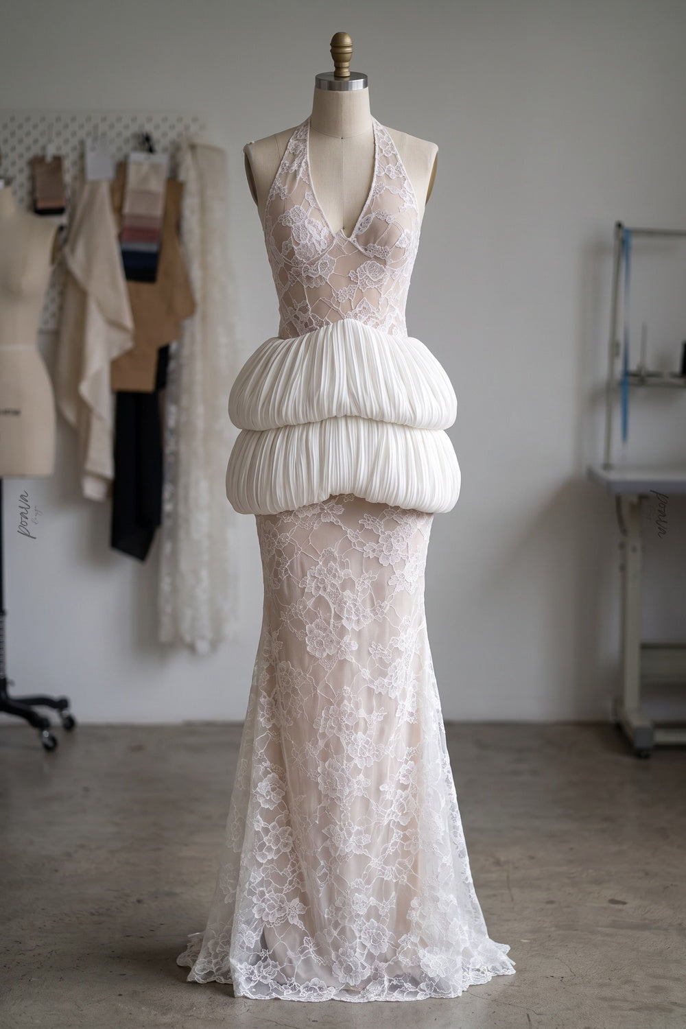 White Floral Lace Mermaid Gown with Bubble Peplum white floral lace gown - product view 2