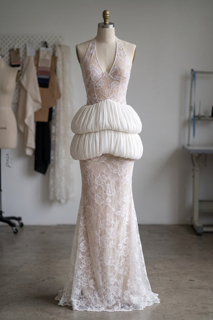 White Floral Lace Mermaid Gown with Bubble Peplum white floral lace gown - product view 2