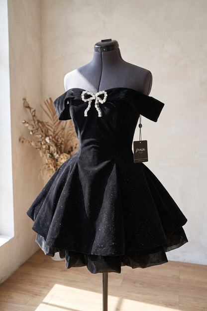 Black Velvet Fit-and-Flare Mini Dress with Rhinestone Bow black velvet dress - product view 2