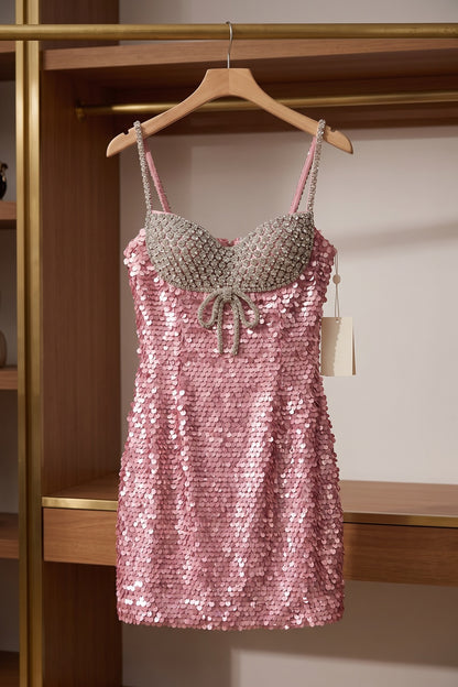 Pink Sequined Synthetic Sheath Mini Dress pink sequined synthetic mini dress - product view 2