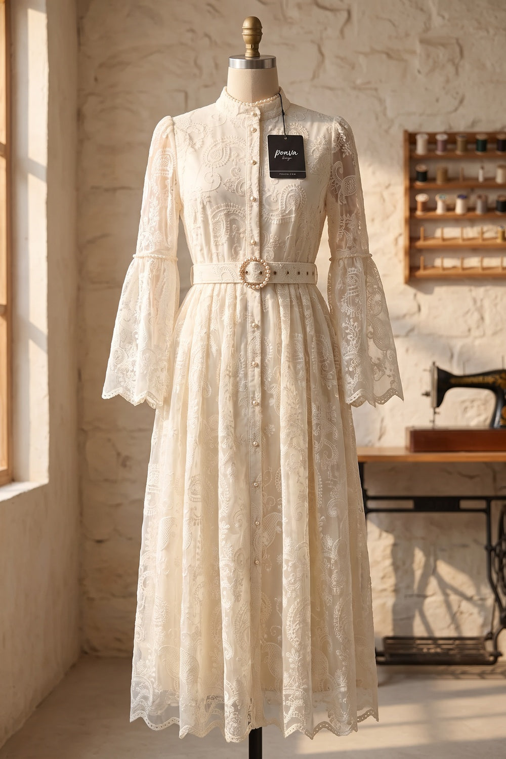 Cream Embroidered Floral Lace A-Line Dress Cream, Off-white Embroidered floral lace Dress - product view 2