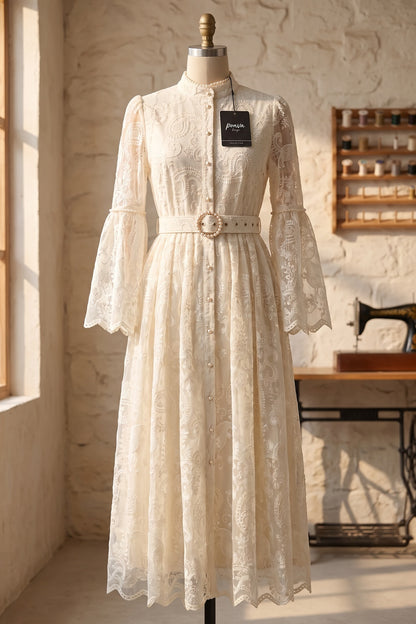 Cream Embroidered Floral Lace A-Line Dress Cream, Off-white Embroidered floral lace Dress - product view 2
