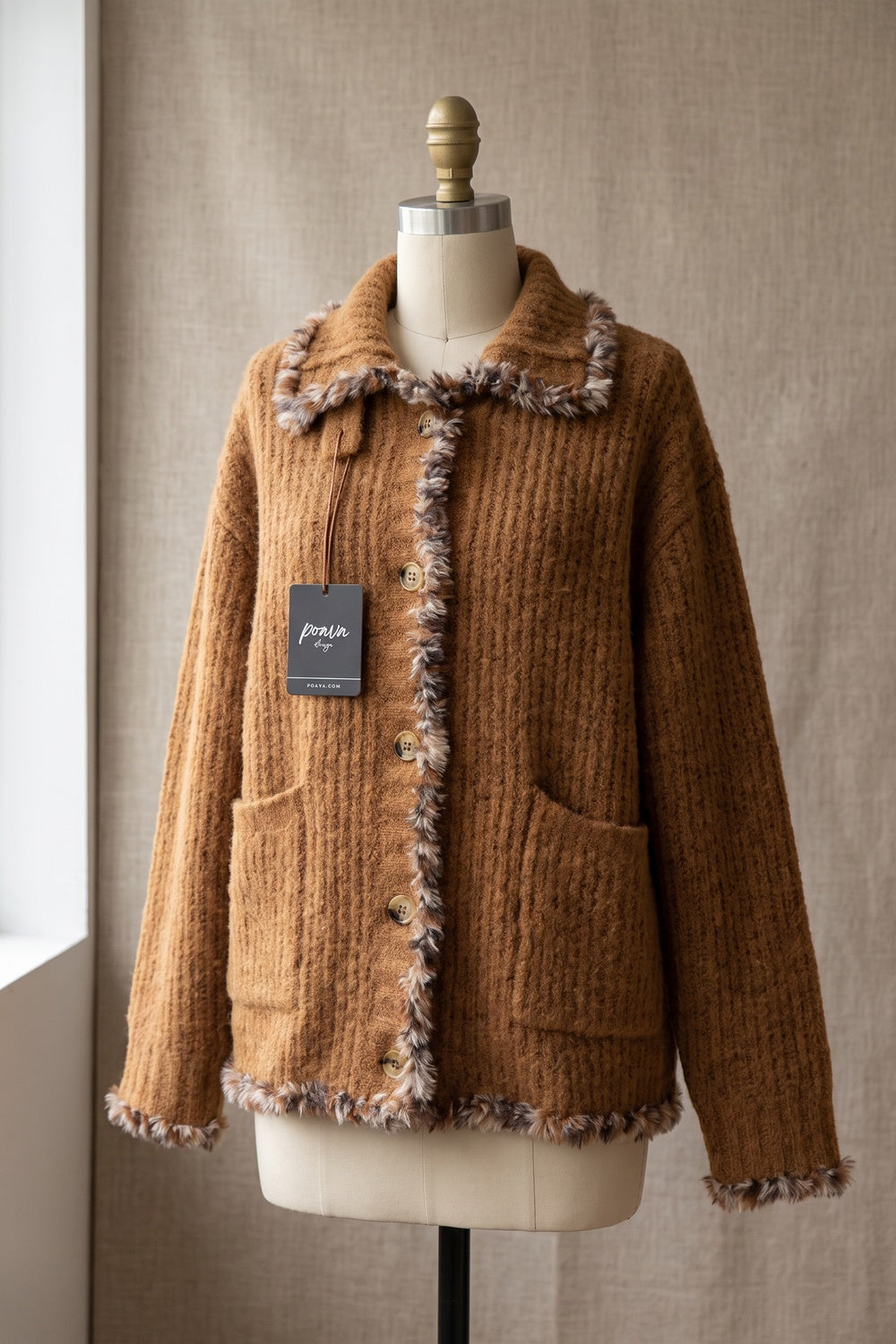 Caramel Brown Textured Mohair-Blend Knit Boxy Cardigan Jacket caramel brown textured mohair-blend knit cardigan jacket - product view 2