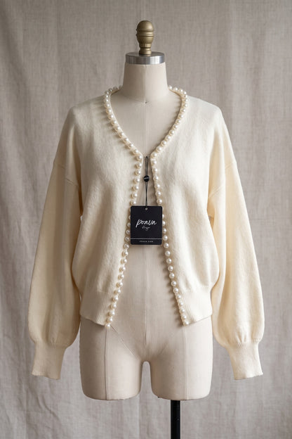 Cream Fine Knit Boxy Cropped Cardigan with Pearl Trim cream, off-white fine knit cardigan - product view 2