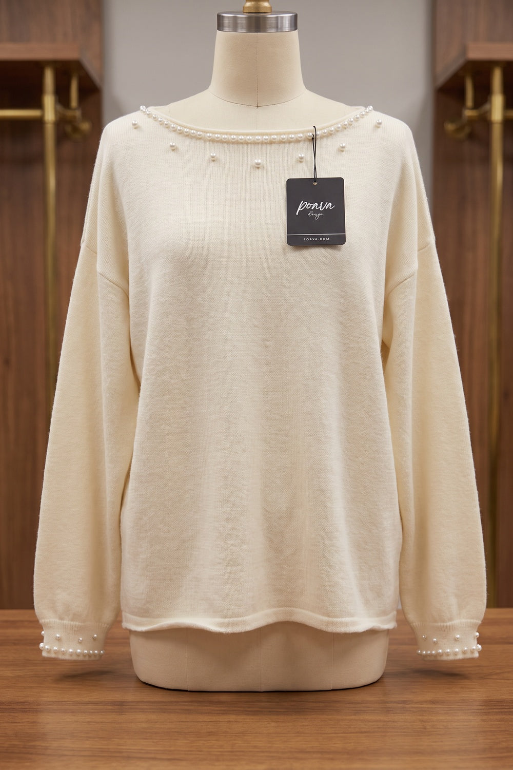 Relaxed Cream Knit Sweater with Pearl Bead Embellishments cream, off-white fine-gauge knit sweater - product view 2