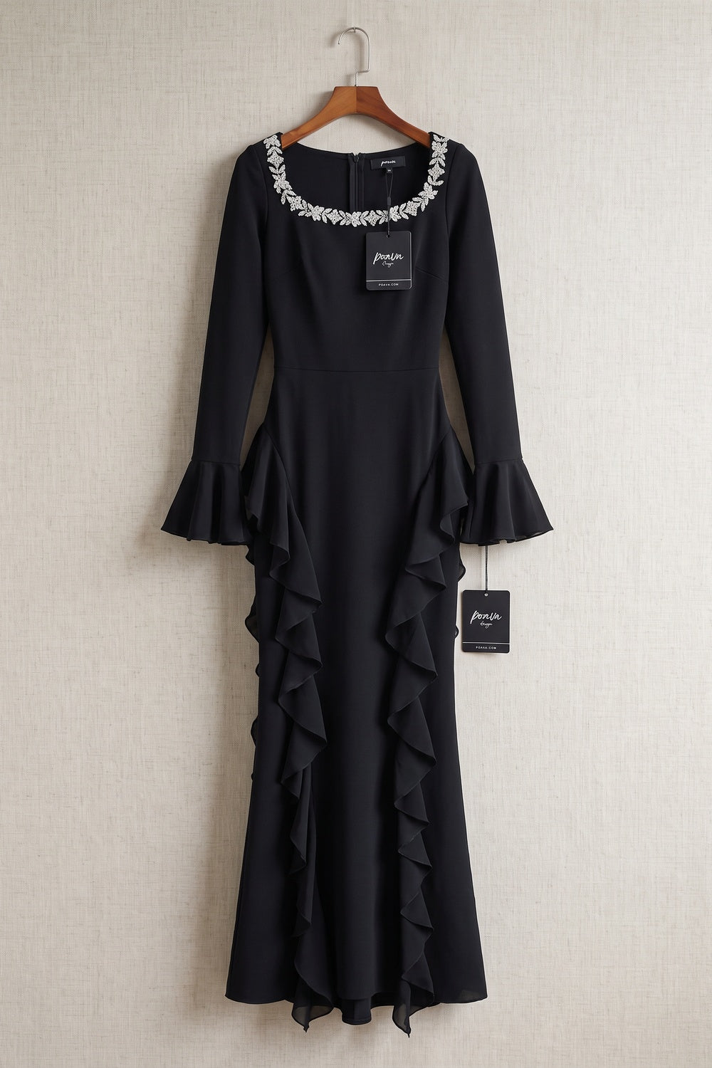 Black Heavy Stretch Crepe Sheath Evening Gown with Dramatic Side Ruffles black heavy stretch crepe evening gown - product view 2