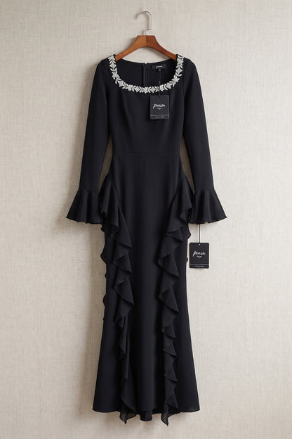 Black Heavy Stretch Crepe Sheath Evening Gown with Dramatic Side Ruffles black heavy stretch crepe evening gown - product view 2