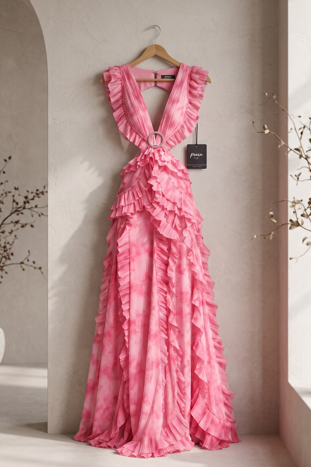 Pink Watercolor Chiffon A-Line Gown with Waist Cut-Outs pink chiffon gown - product view 2