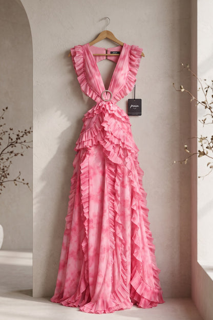 Pink Watercolor Chiffon A-Line Gown with Waist Cut-Outs pink chiffon gown - product view 2