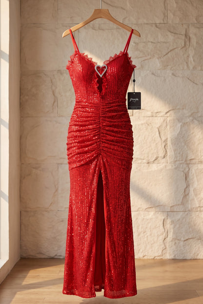 Red Sequined Mesh Bodycon Column Evening Gown red sequined mesh evening gown - product view 2