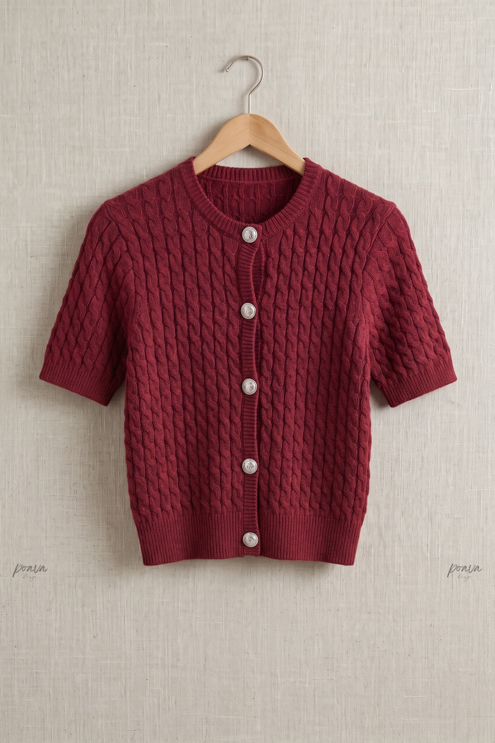 Burgundy Cable-Knit Wool Blend Fitted Short-Sleeve Cardigan burgundy cable-knit wool blend cardigan - product view 2