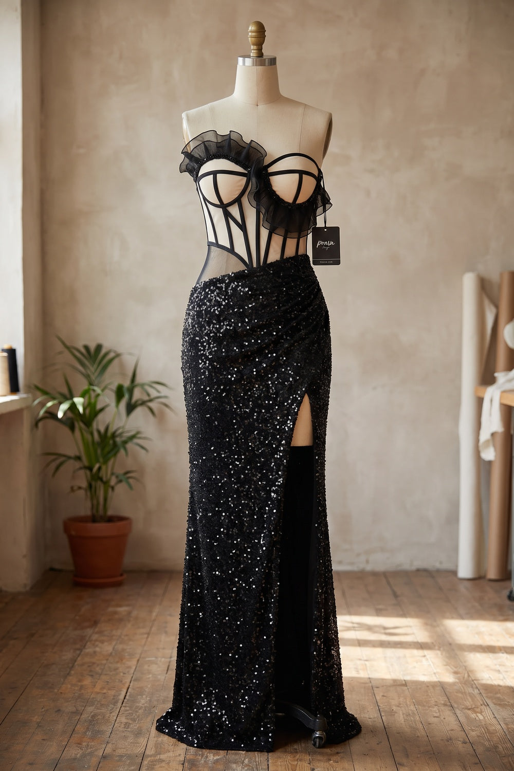 Black Sequined Knit Column Gown black sequined knit gown - product view 2